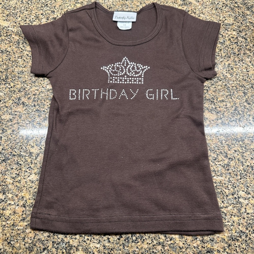 Butterfly Kisses Y2KShirt Girls 4-5 Brown Birthday Girl Rhinestone CrownPrincess